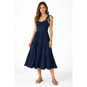 Trina Navy Blue Tiered Midi Dress Tie Shoulder Straps Size M